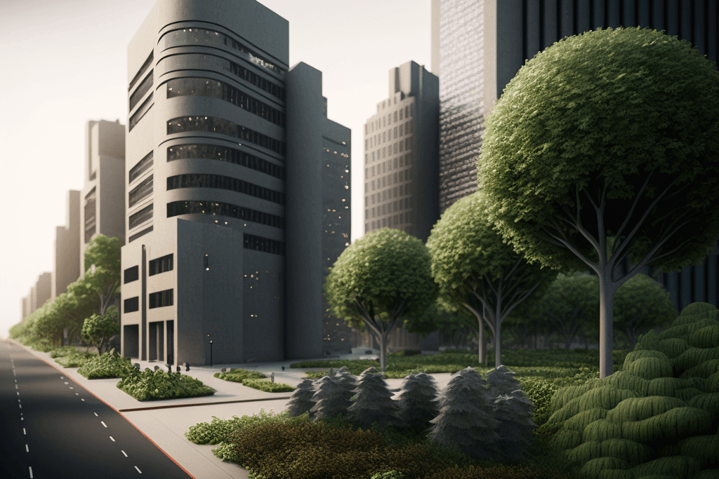 Generative AI create a futuristic city with a concrete building and some trees